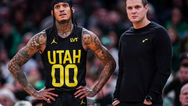 Jan 5, 2024; Boston, Massachusetts, USA; Utah Jazz head coach Will Hardy talks with Utah Jazz guard Jordan Clarkson (00) from the sideline as they take on the Boston Celtics at TD Garden. 